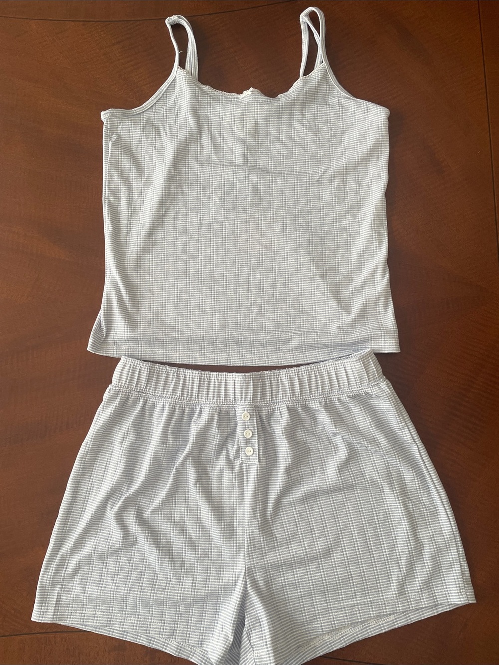 Happily Grey Ribbed Cami & Short Sleep Set in Light Blue and White Stripe